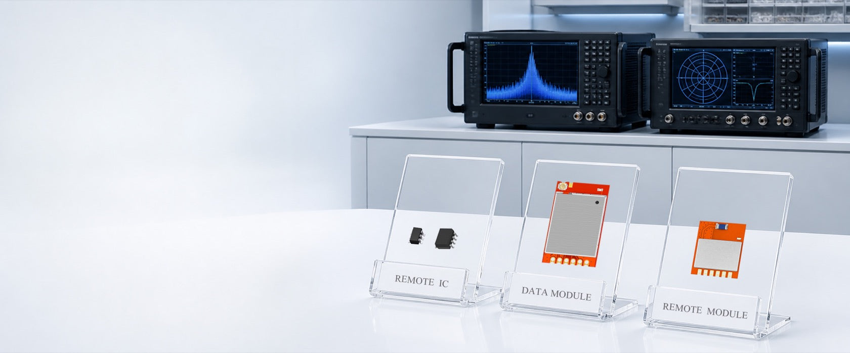Wireless components presented beside RF measurement equipment
