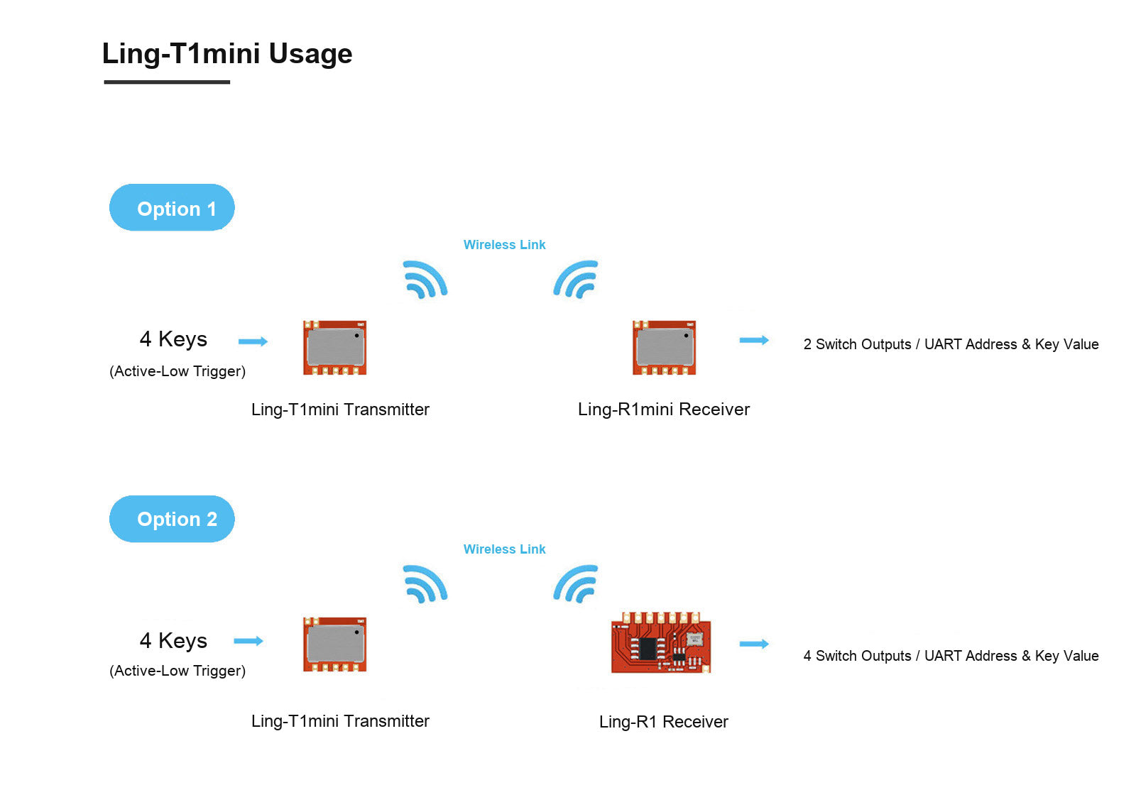 Ling-T1mini transmitter module usage options with compatible receiver modules