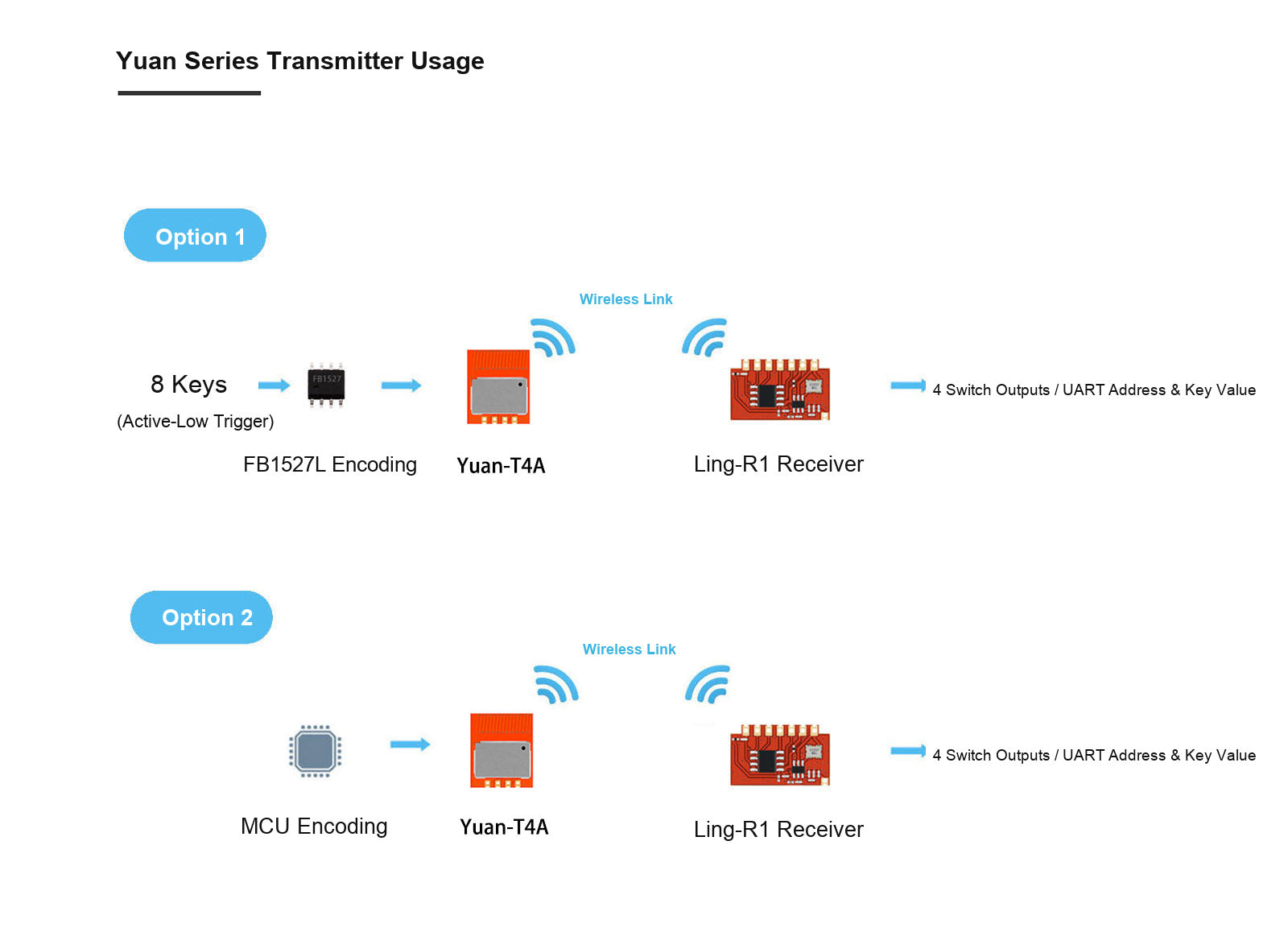 Yuan-T4A transmitter module usage options with compatible receiver modules